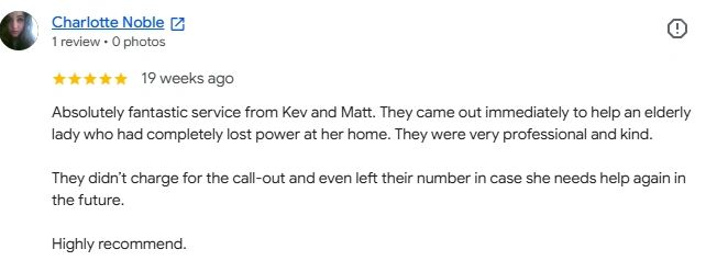 Positive review praising prompt and professional help for power loss.