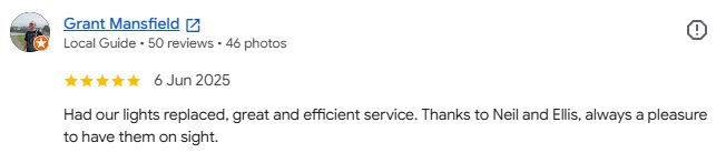 Positive review for light replacement service by Grant Mansfield.