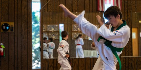 A Karate green belt demonstrating a side kick.