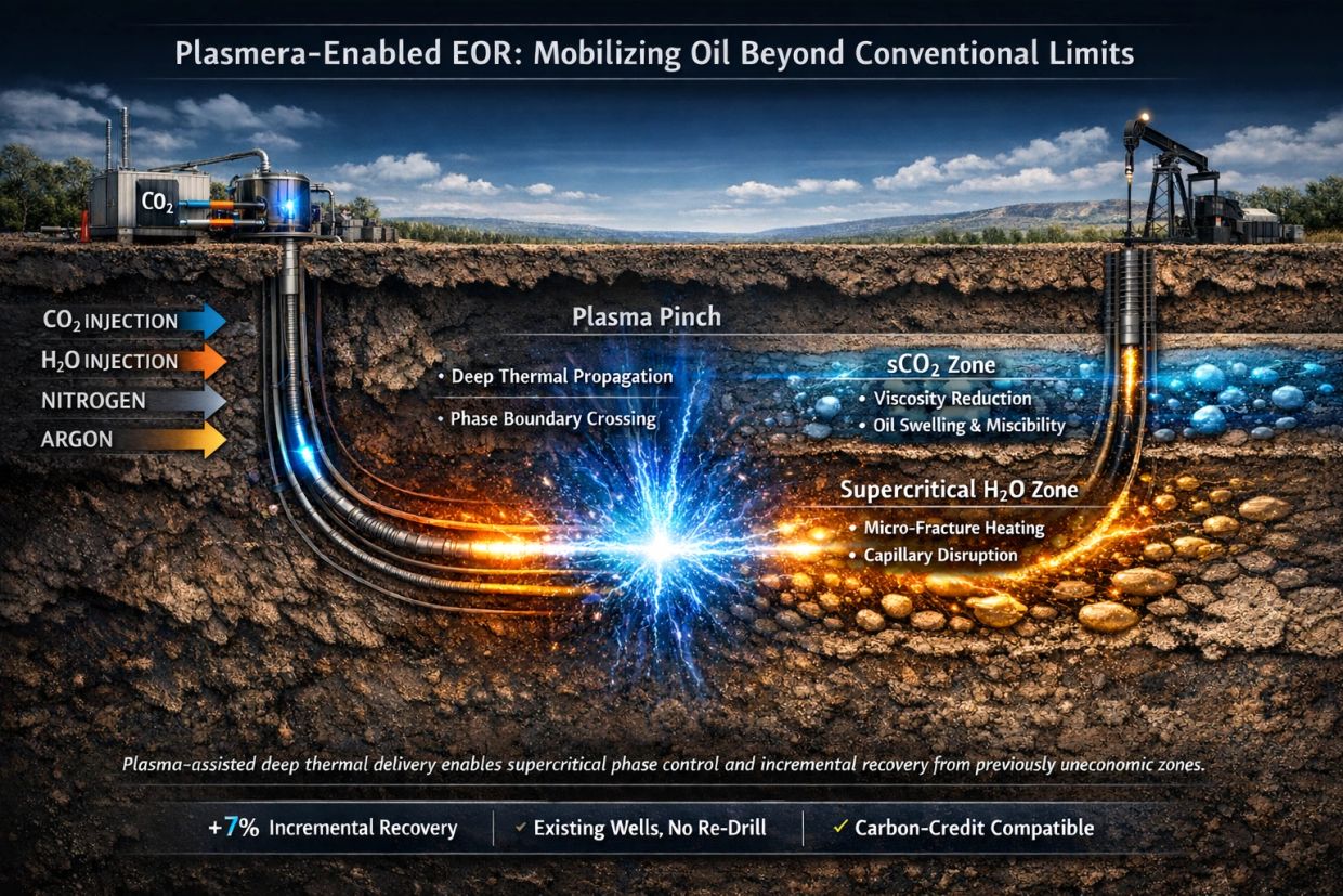 Diagram of plasmera-enabled enhanced oil recovery process underground.