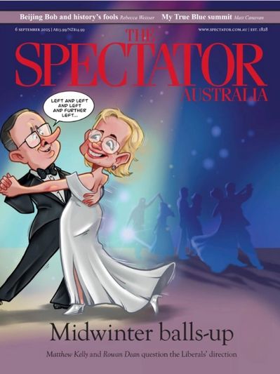 Caricature of a dancing couple discussing political direction in The Spectator Australia cover.