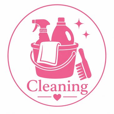 Pink cleaning supplies icon with the word Cleaning.