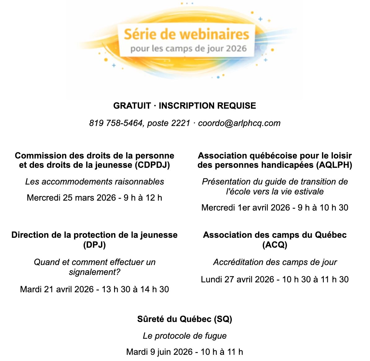 Série de webinaires gratuits pour les camps de jour 2026 avec inscription requise.