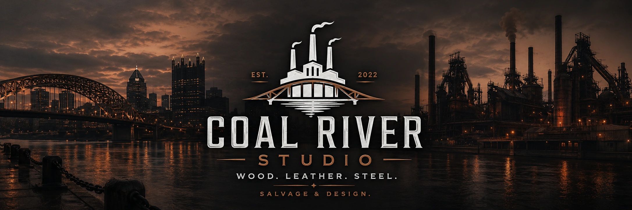 Coal River Studio logo with industrial cityscape at dusk.