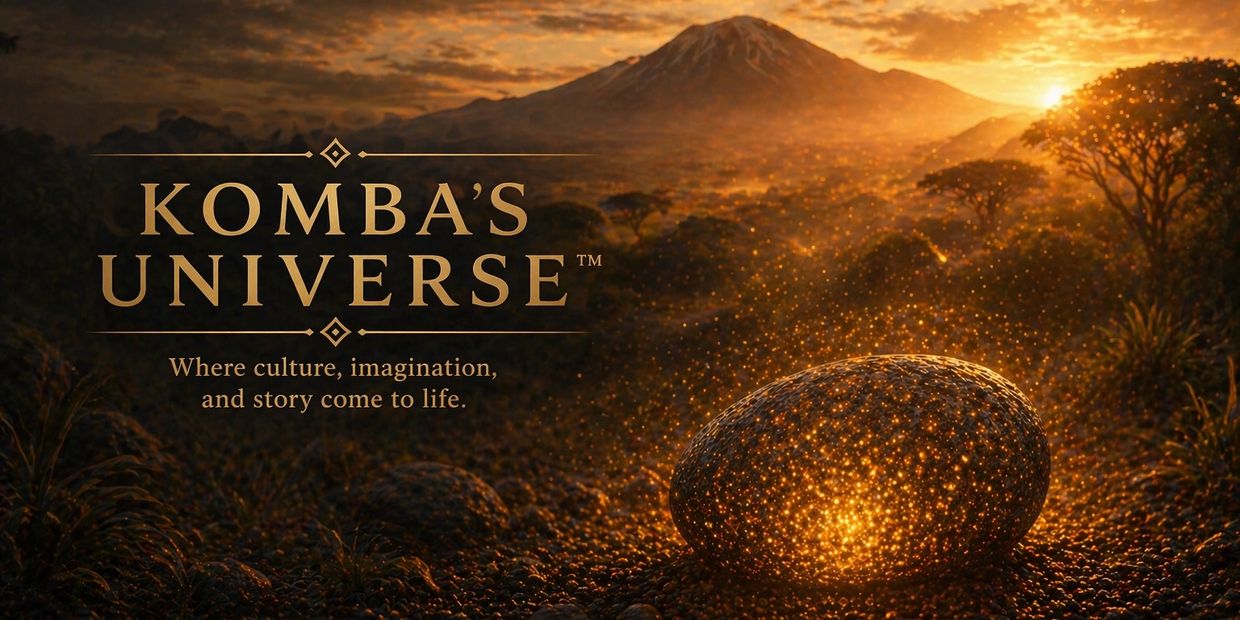Komba's Universe logo with glowing egg and sunset over mountain landscape.
