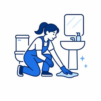 Woman cleaning bathroom floor wearing gloves and overalls.