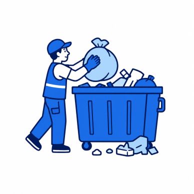 Worker disposing of trash into a large bin.