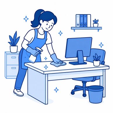 Woman cleaning an office desk with spray and cloth.