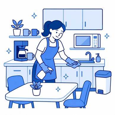 Woman cleaning a tidy kitchen with spray and cloth.
