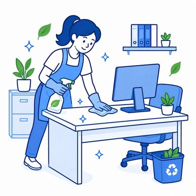 Woman cleaning a tidy office desk with plants around.