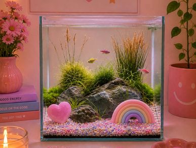 Colorful fish tank with plants and decorations.