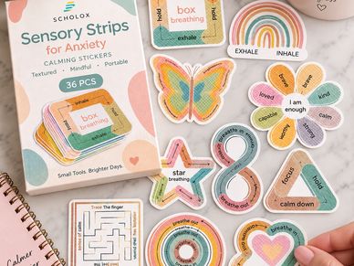 Sensory strips for anxiety relief with calming stickers.