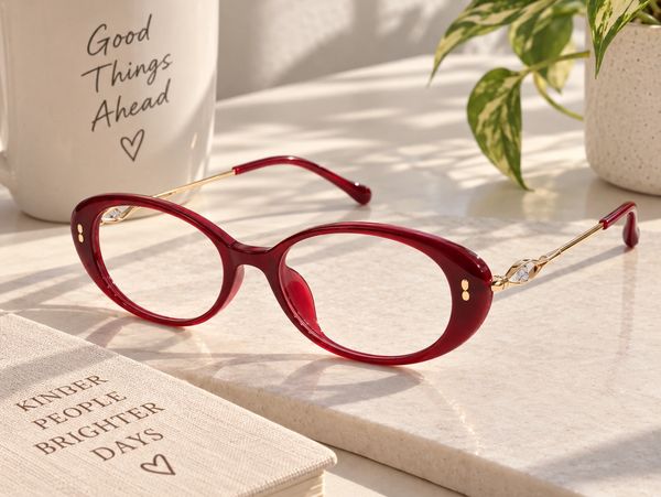 Red eyeglasses on a marble surface with a motivational mug and book.