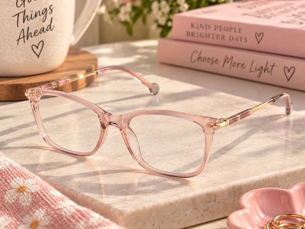 Pink translucent eyeglasses on a marble surface with books and a mug.
