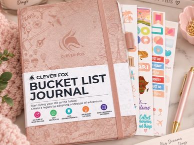 Clever Fox Bucket List Journal with stickers and gold pen.