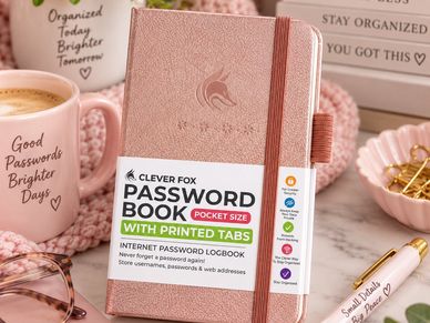 Rose gold password book with motivational accessories.