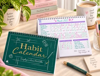 A well-organized habit calendar for March 2021 with motivational notes and books.