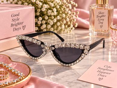 Elegant cat-eye sunglasses adorned with crystals and flowers.
