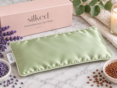 Silk aromatherapy eye mask with lavender and seeds.