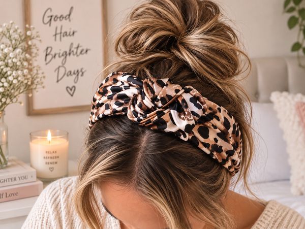 Woman with messy bun and leopard print headband.