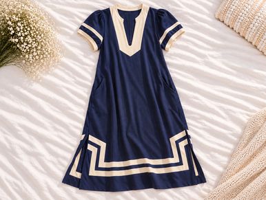 Blue dress with white geometric patterns.