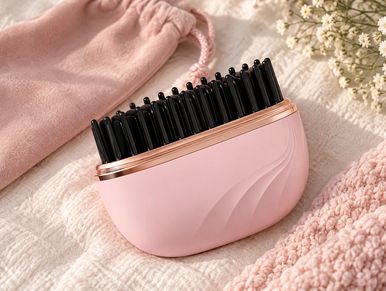 Pink hairbrush with black bristles on fabric.