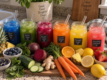 Colorful jars of fresh juices with fruits and vegetables.
