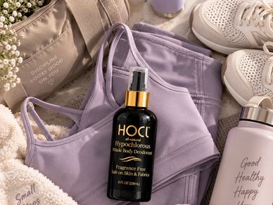 Fitness essentials including lavender activewear and body deodorant.