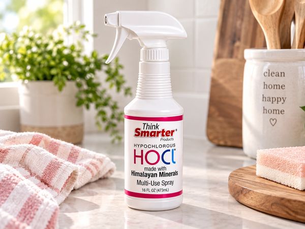 Bottle of Hypochlorous multi-use spray on a kitchen counter.