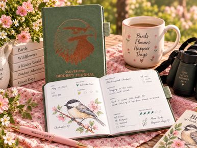 Birdwatching journal and accessories on a flower-covered table.