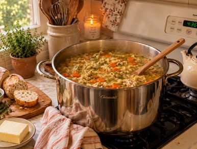 Large pot of soup simmering on stove with wooden spoon.