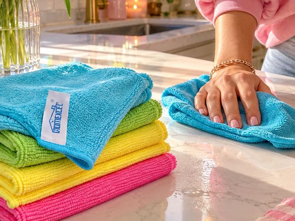 Colorful cleaning cloths on a kitchen counter with a hand wiping.