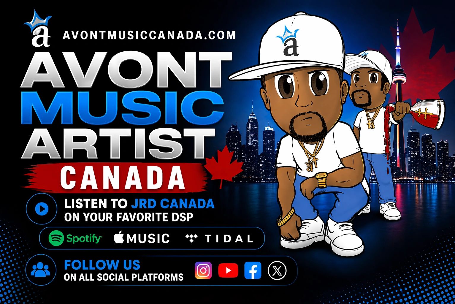 Avont Music Artist Canada promotion with cartoon characters and social media icons.