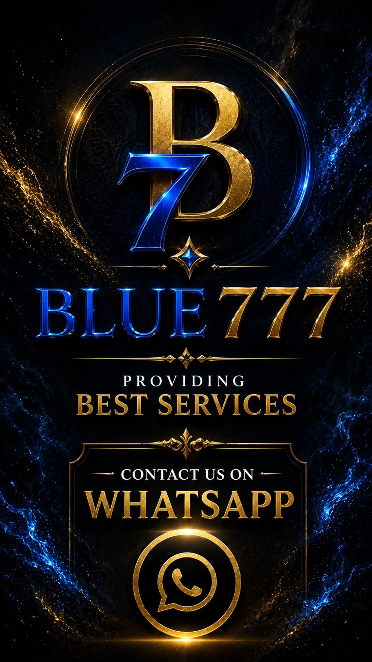 Blue777 service advertisement with WhatsApp contact.