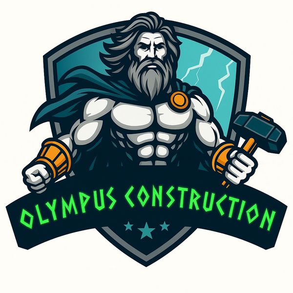 Logo of a muscular god holding a hammer with 'Olympus Construction' text.