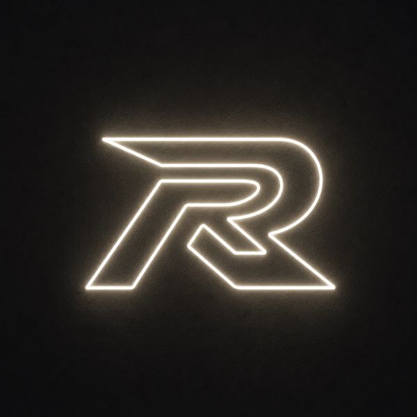 Glowing stylized letter R on a dark background.