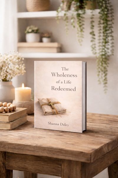 Book titled 'The Wholeness of a Life Redeemed' by Shanna Daley on a wooden table.
