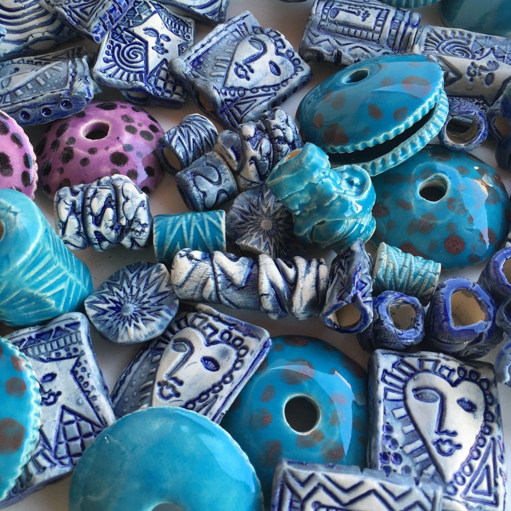 Ceramic beads for yard art totems. 