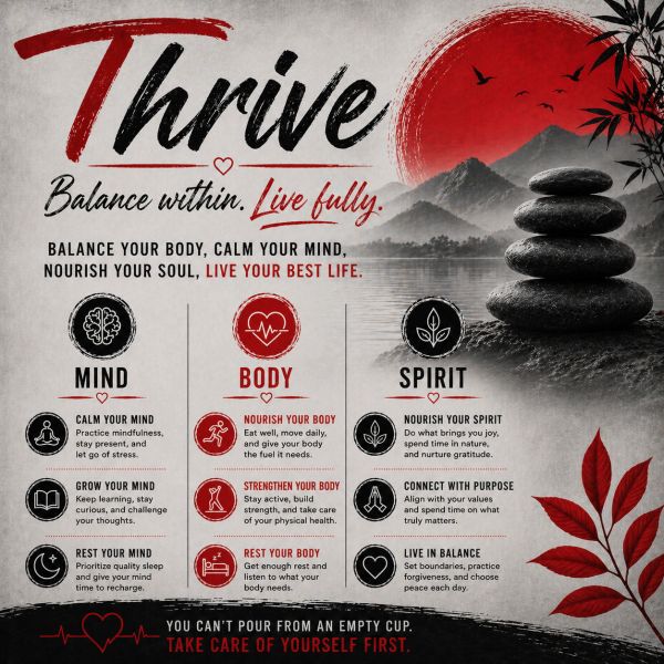 Infographic on thriving through balance of mind, body, and spirit with calming visuals.