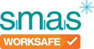 Logo featuring 'smas' with a WORKSAFE badge and checkmark.