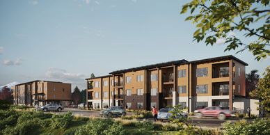 A rendering image of Riverview Apartments, located in Big Sky Montana.