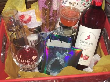 Holiday basket C.)
Fragrance set
Cupcakes 
Wine
Wine glass
Chocolate covered strawberries
Chocolate 
