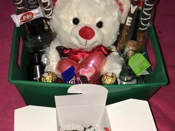 Valentine’s Day basket. Added Chocolate covered strawberries & pretzels at additional cost.