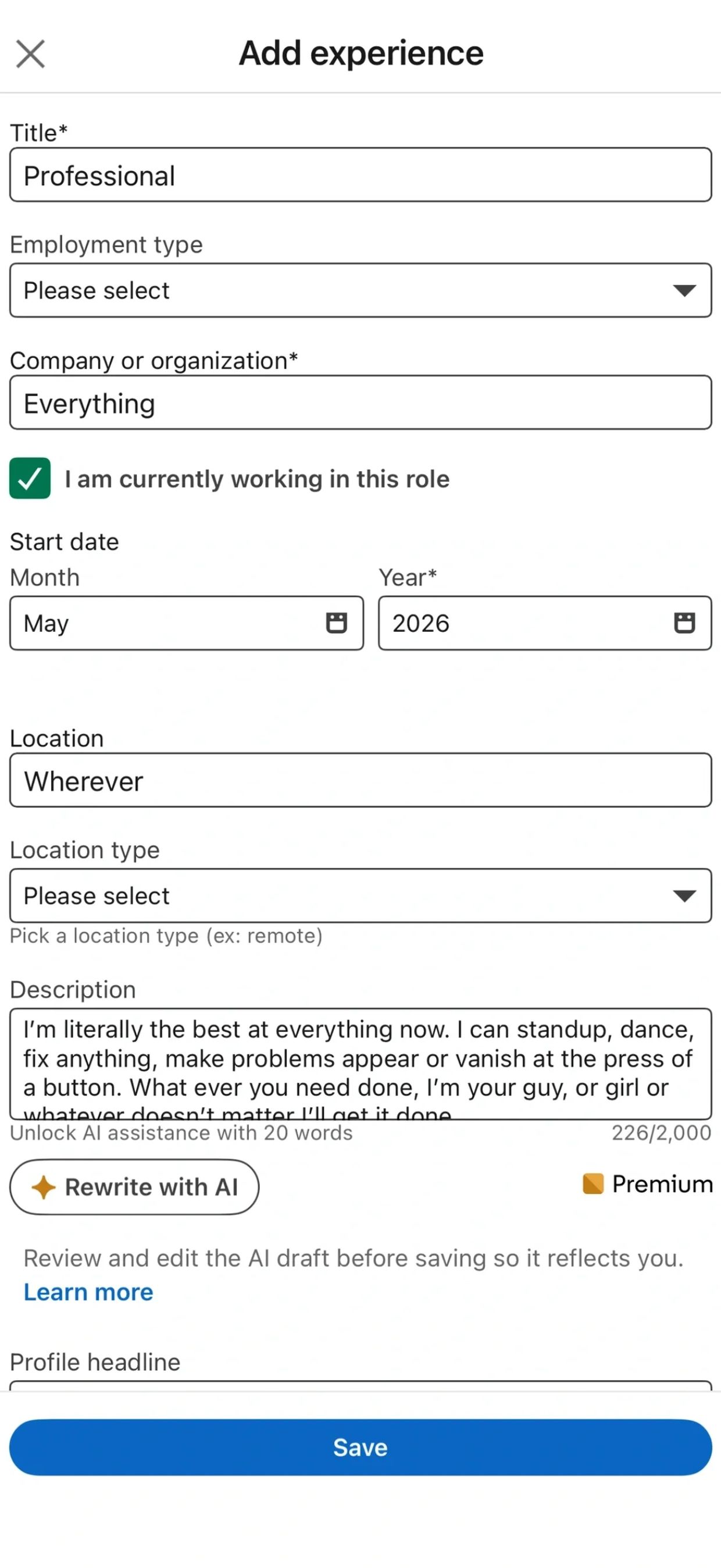 Form for adding professional experience with humorous details and future start date.