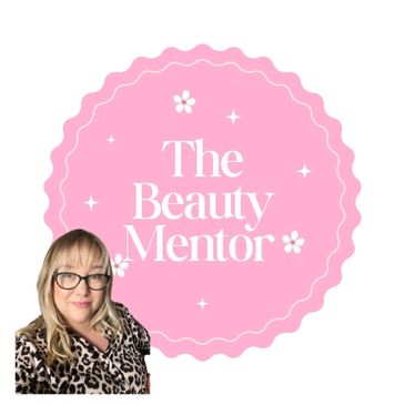 Woman with glasses and leopard print top next to a pink beauty mentor logo.