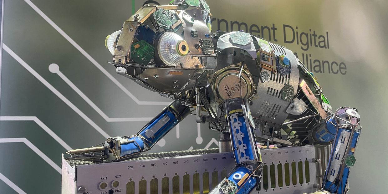 A chameleon sculpture created by Zak Miskry for the GDSA made entirely from discarded e-waste, 
