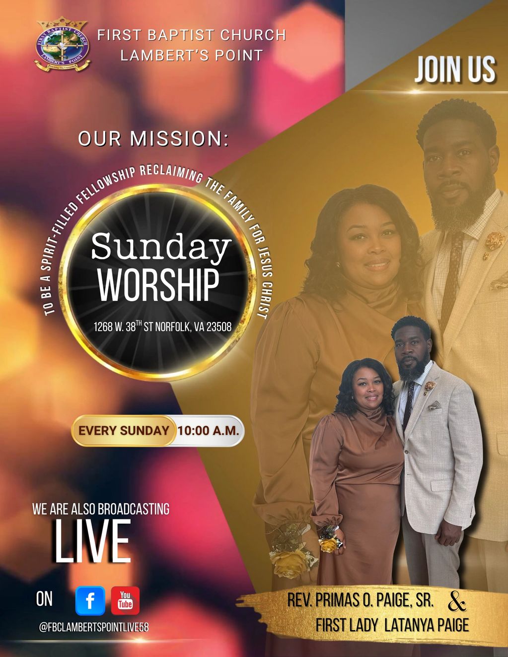 Invitation to Sunday worship at First Baptist Church Lambert's Point every Sunday at 10 A.M.