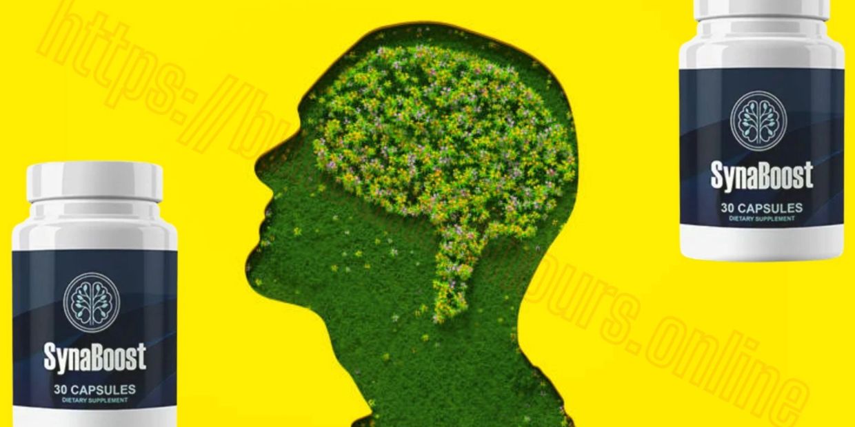 SynaBoost supplement with brain-shaped greenery on yellow background.