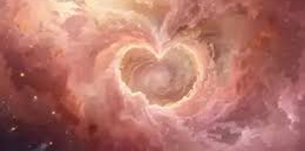 A glowing heart-shaped nebula in space with warm pink and orange tones.
