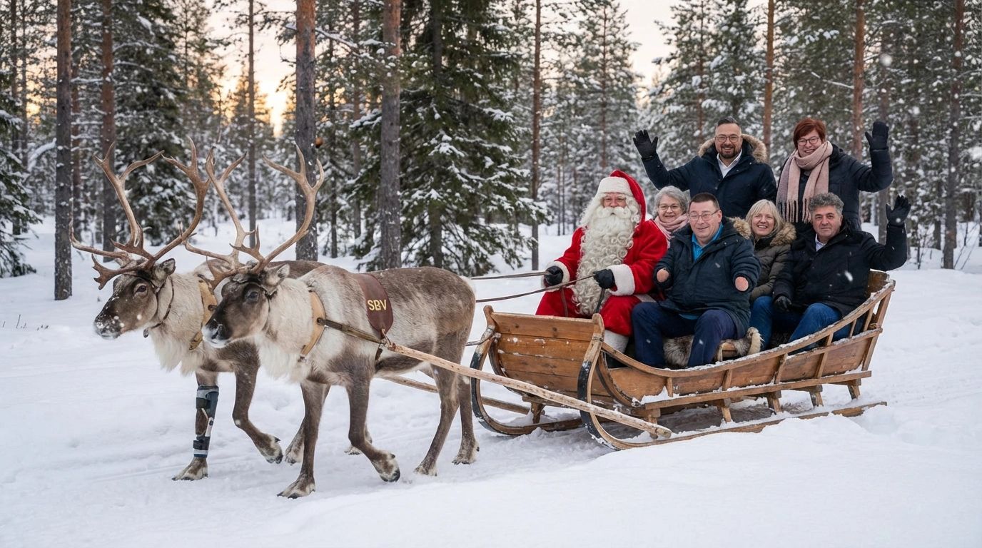 KI-generiert. Schlitten in Winterlandschaft mit Rentieren und den BSD-Vorständen.